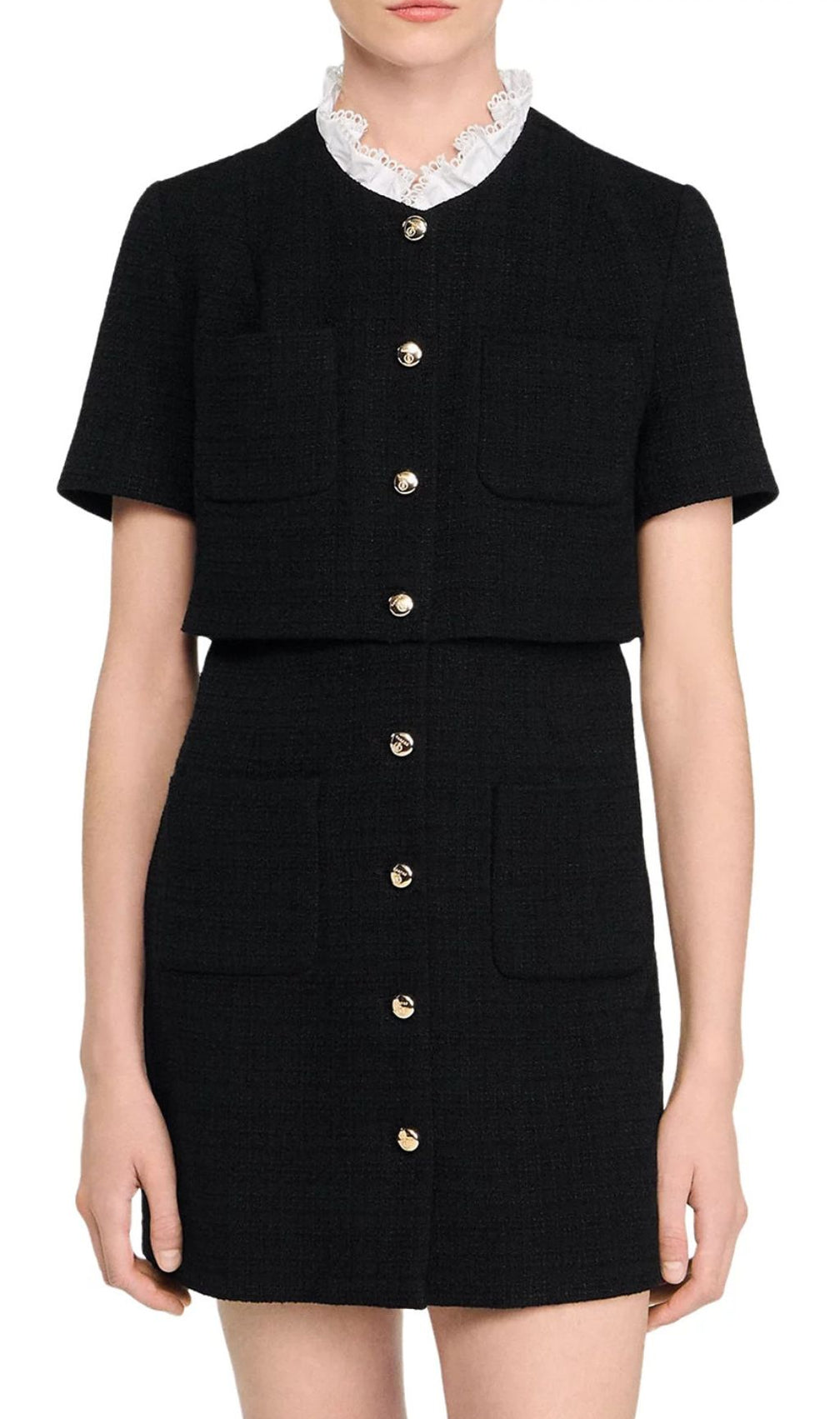 Elegant Black Tweed-Style Mini Dress | Removable Lace Collar & Gold Buttons