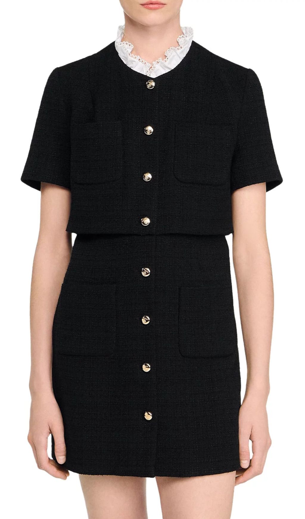 Elegant Black Tweed-Style Mini Dress | Removable Lace Collar & Gold Buttons