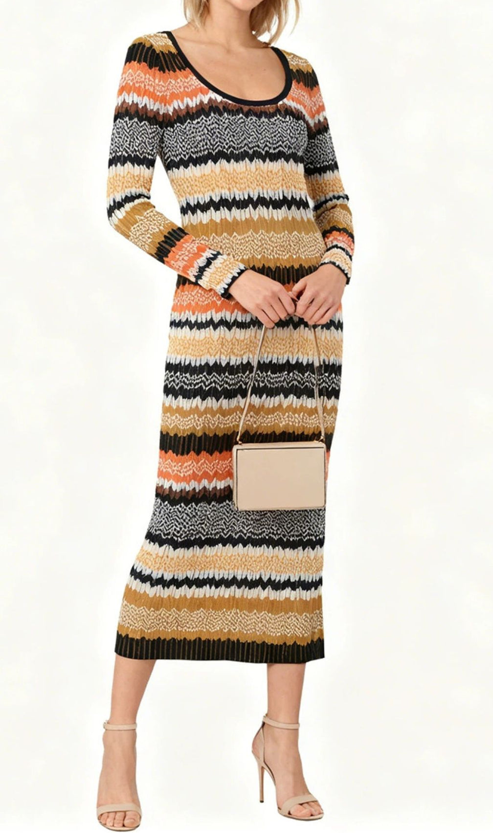 Juliette Boho Chic Wavy Striped Knit Midi Dress | Long Sleeve
