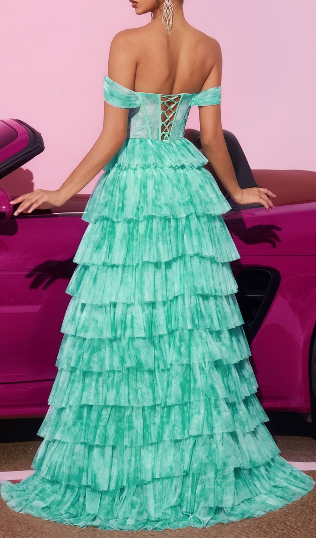 Kenia Seafoam Green Corset Tiered Maxi Dress | Off-Shoulder & High Slit Gown