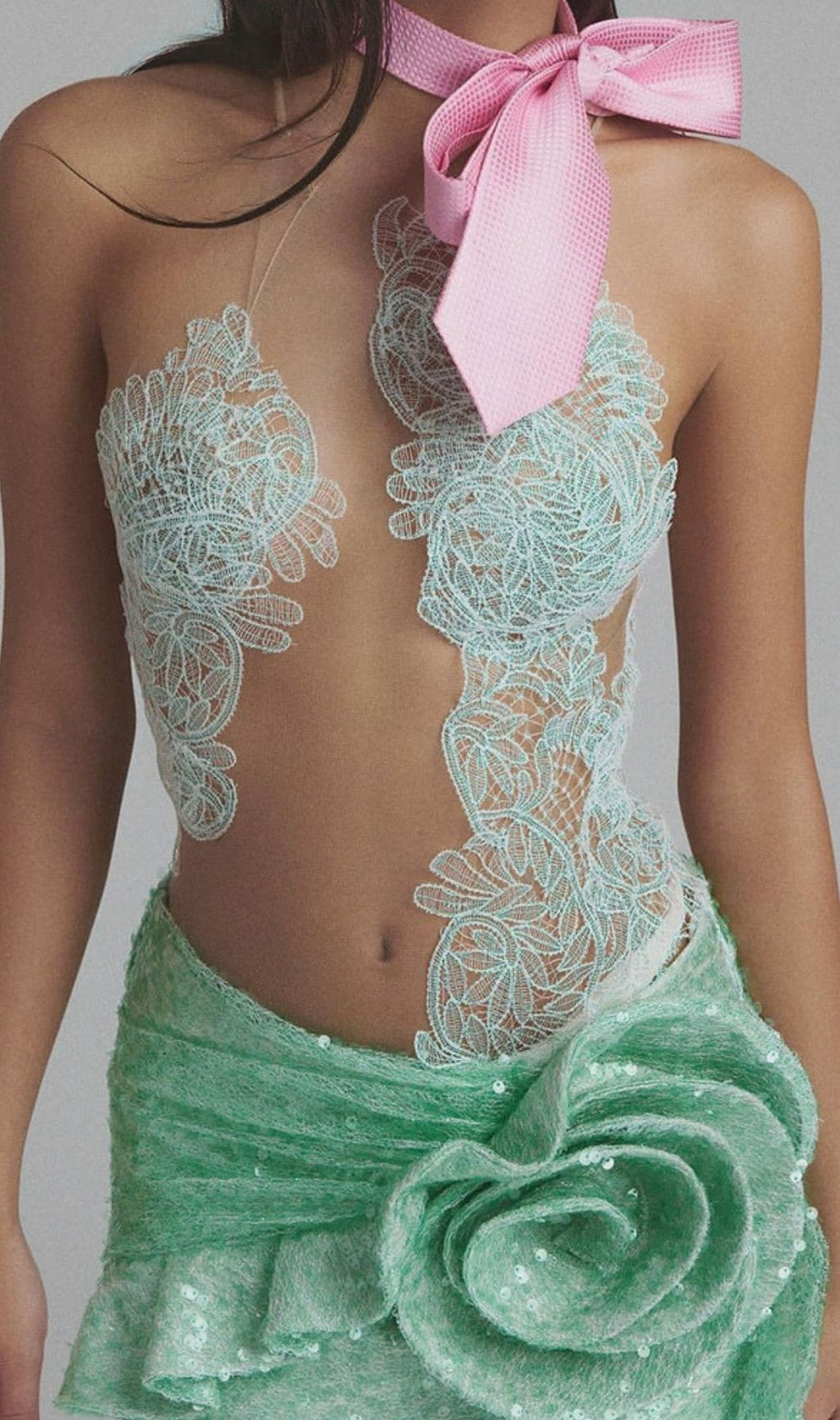Kayla Enchanting Green Sequin & Lace Mini Dress with 3D Floral Appliqué