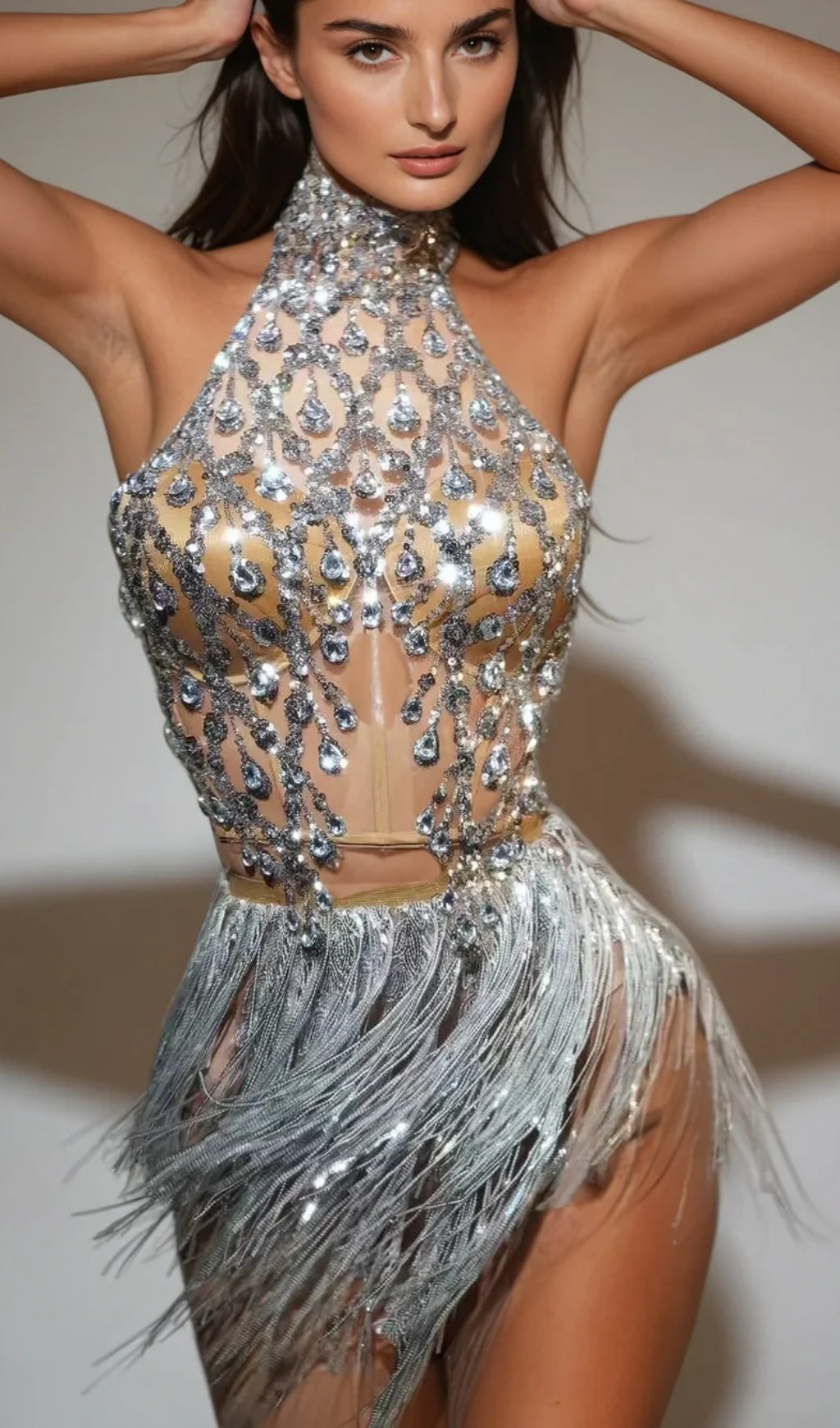 Ermenburg Halterneck Rhinestone Fringe Skirt Set In Silver