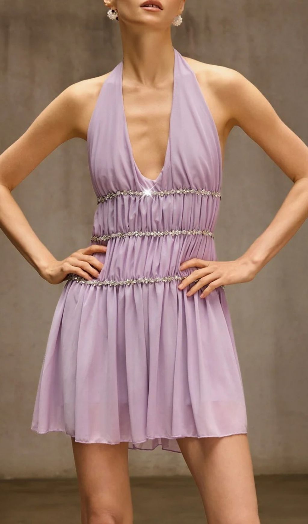 Chic Lavender Halter Mini Dress with Dazzling Rhinestones