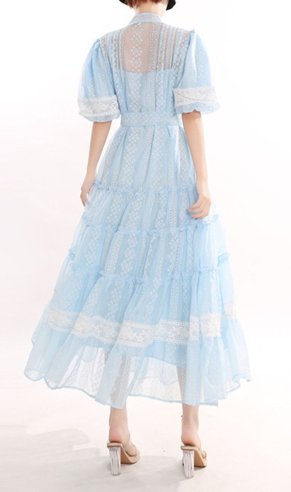 Jerilyn Dreamy Blue Lace Puff-Sleeve Tiered Midi Dress for Women