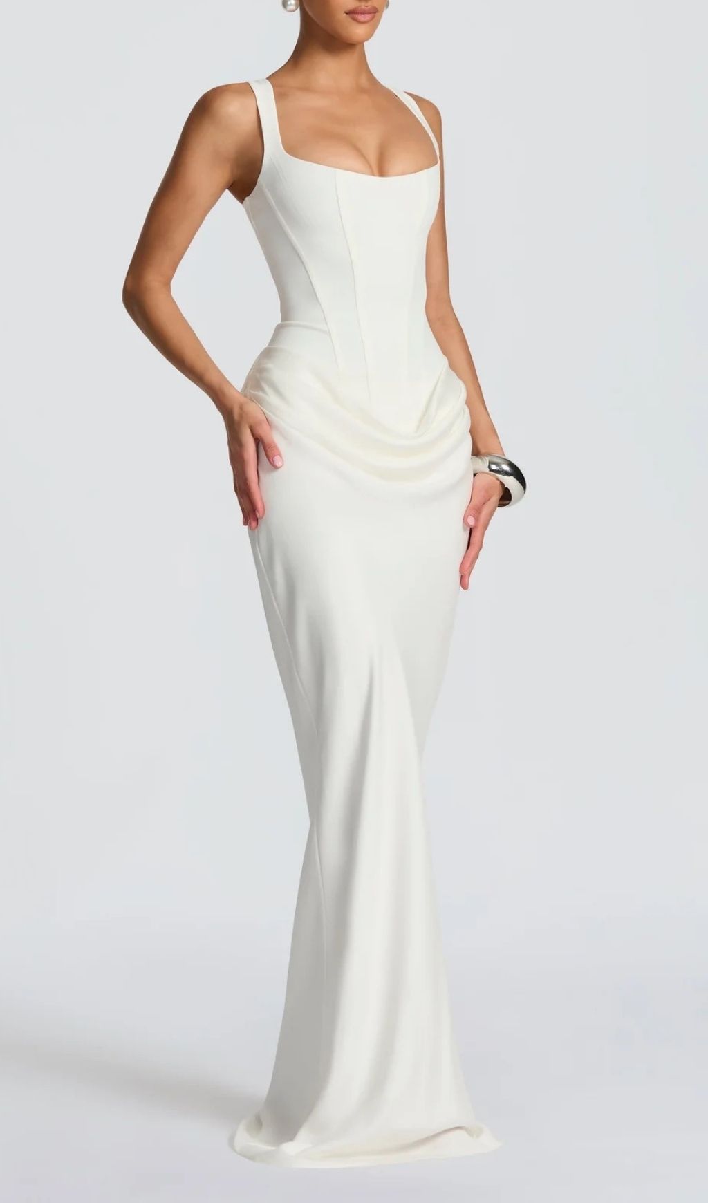 Keelia White Corset Ruched Maxi Dress - Sculpted Elegance for Bridal & Special Occasions