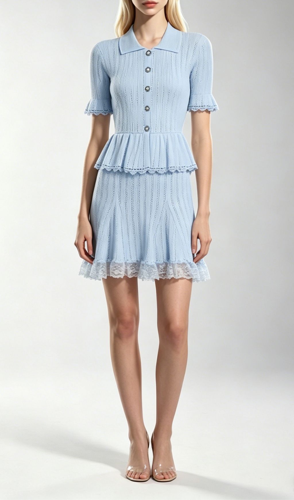 Khosrow Light Blue Knit Peplum Mini Dress with Delicate Lace Trim