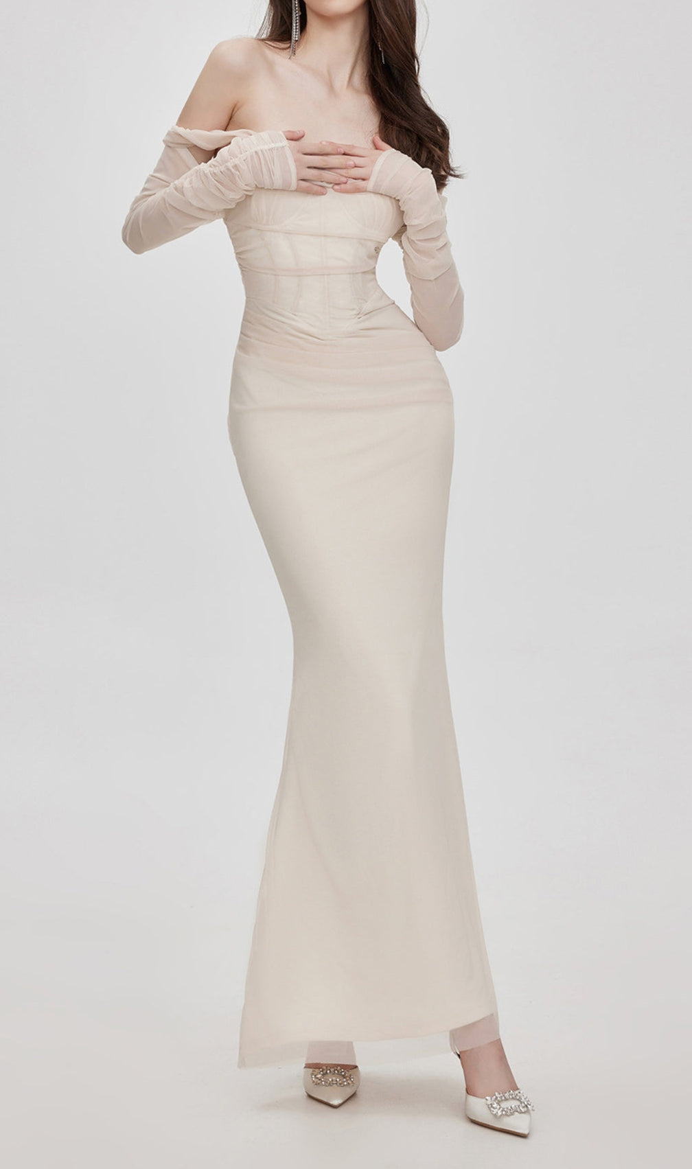 Beba Apricot Off Shoulder Mesh Maxi Dress