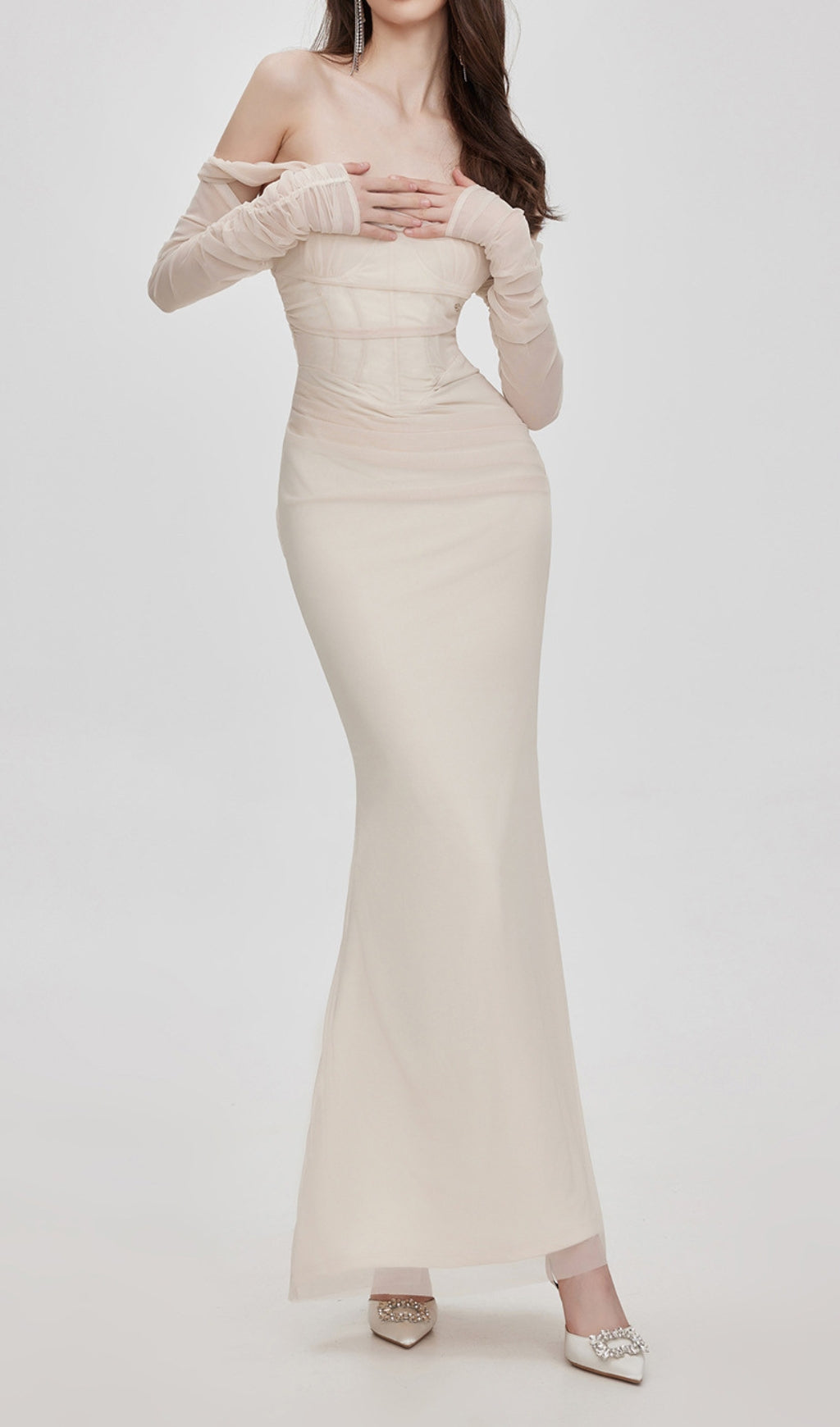 Beba Apricot Off Shoulder Mesh Maxi Dress