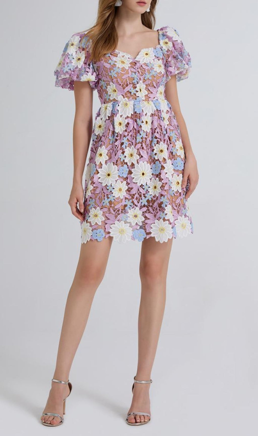 Fiducia Purple Flower Embroidery Puff Sleeve Mini Dress
