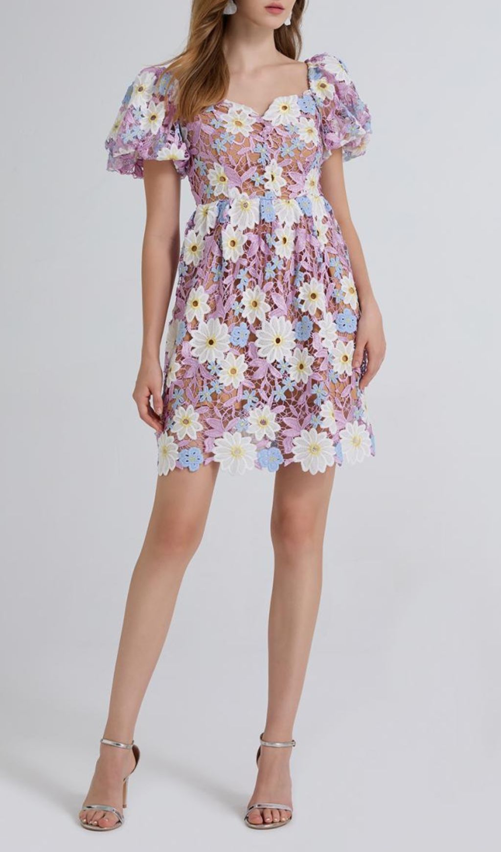 Fiducia Purple Flower Embroidery Puff Sleeve Mini Dress