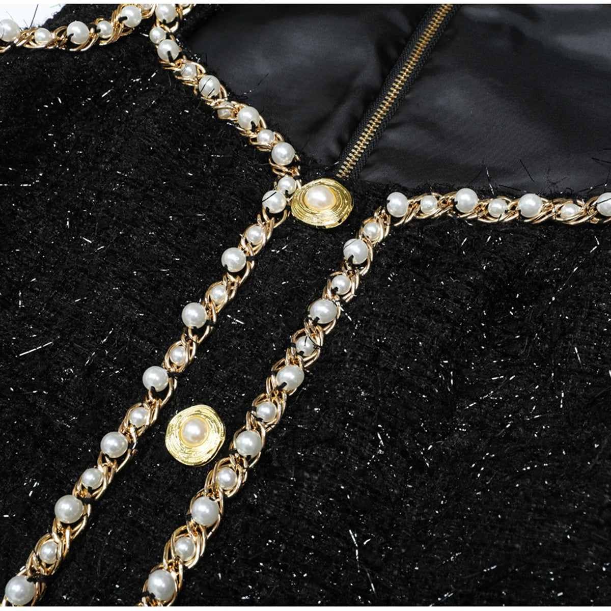 Kayah Black Tweed Mini Dress: Pearl & Gold Chain Embellished Glamour