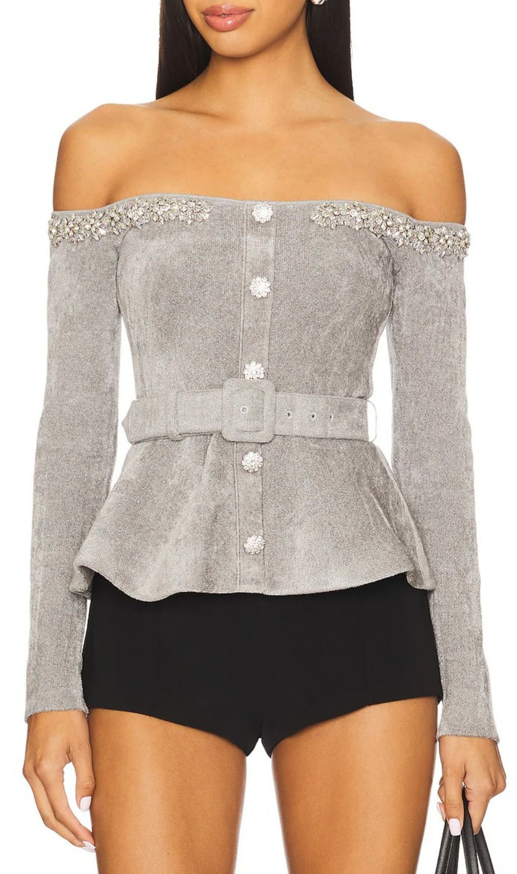 Glamorous Harlean Grey Diamante Off-Shoulder Belted Peplum Cardigan