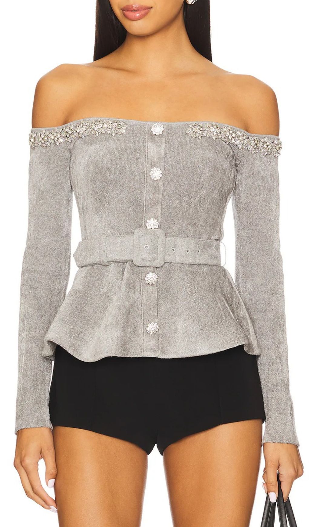 Glamorous Harlean Grey Diamante Off-Shoulder Belted Peplum Cardigan
