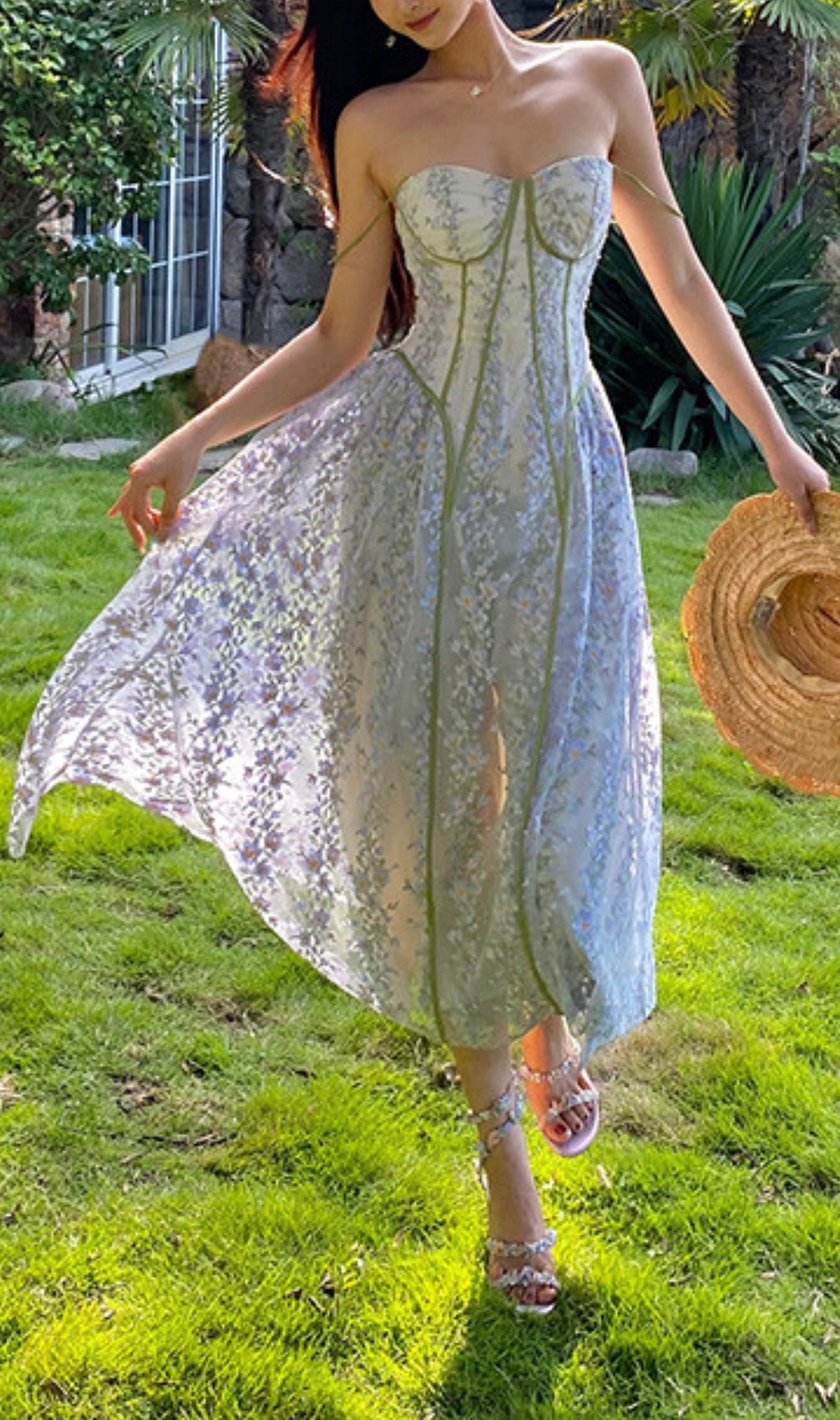 Carda Strappy Flower Embroidery Midi Dress