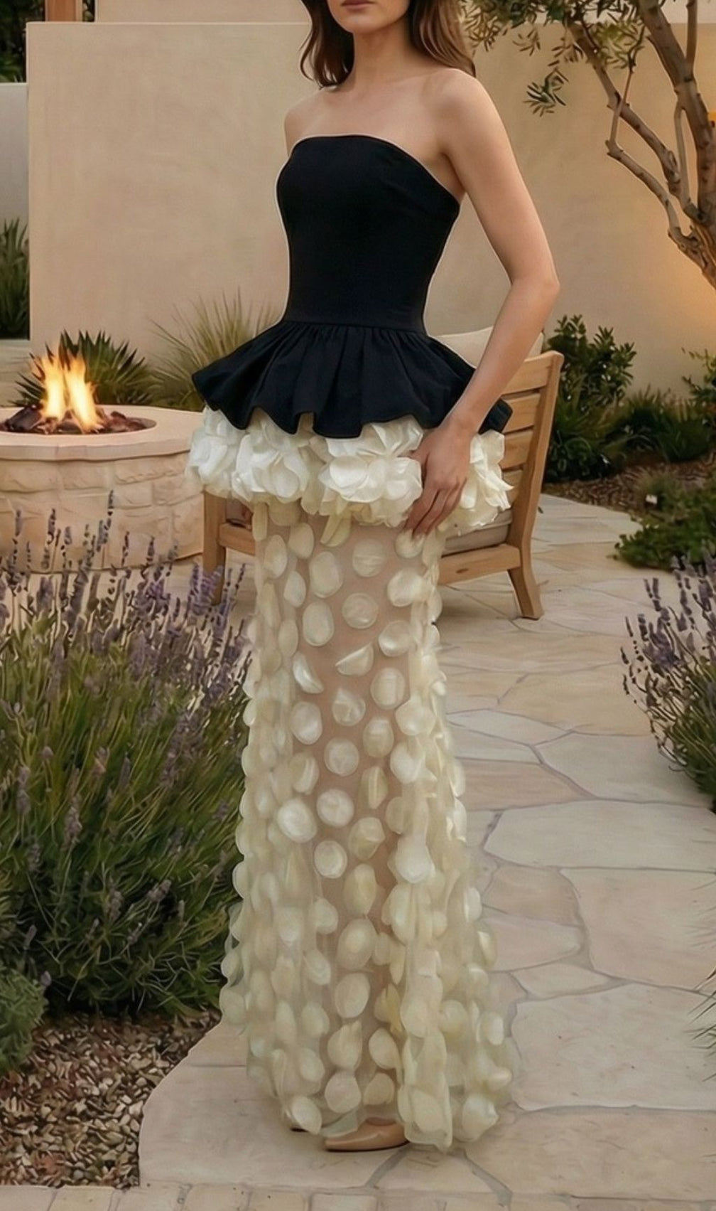 Kaleigh Enchanted Petal Strapless Maxi Dress | Elegant Evening & Wedding Guest Gown