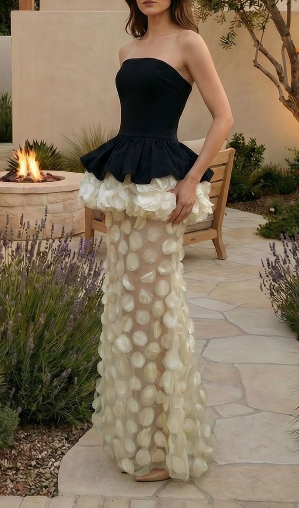 Kaleigh Enchanted Petal Strapless Maxi Dress | Elegant Evening & Wedding Guest Gown