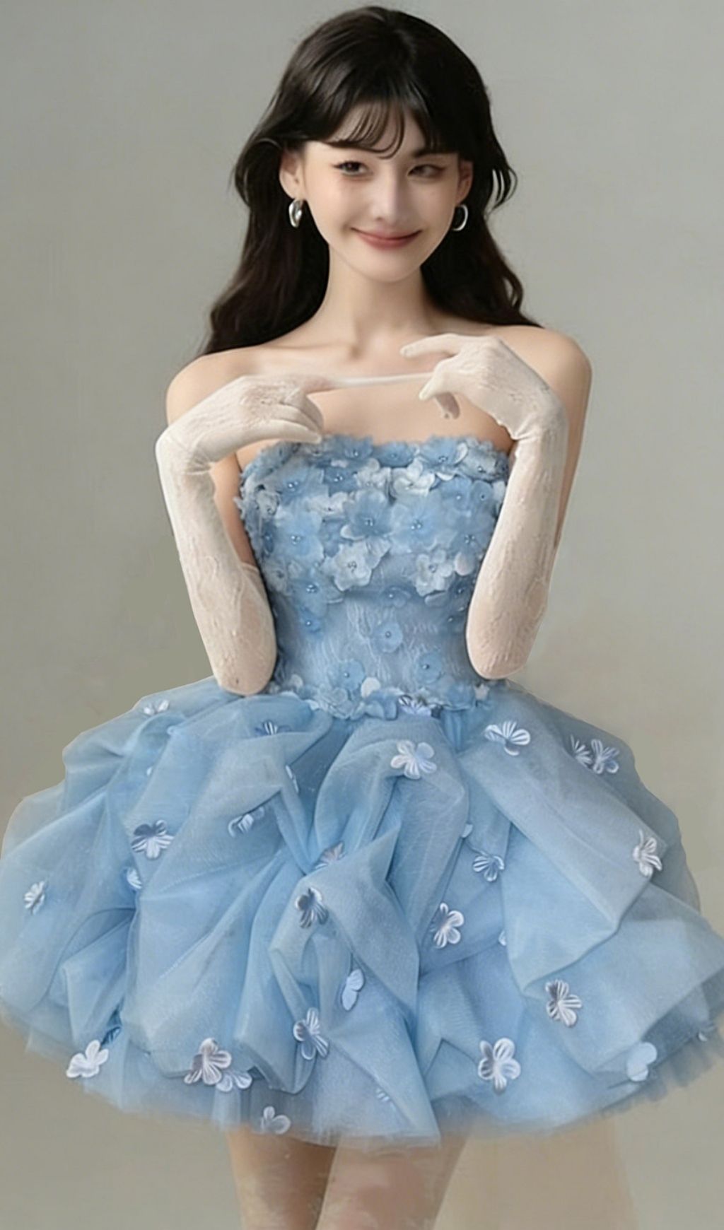 Krista Blue Strapless Flower Mini Dress
