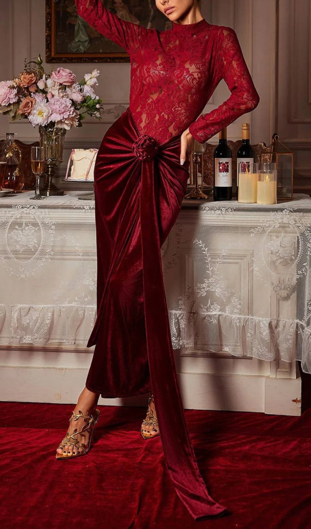 Eldrian Flower Ruched Split Lace Velvet Maxi Dress