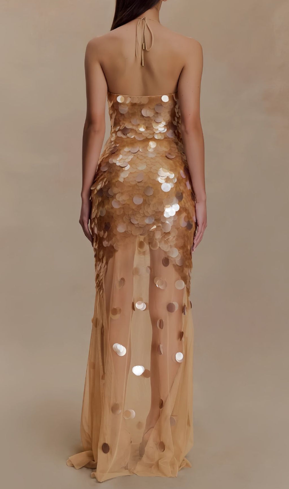Radiant Gold Sequin Halter Maxi Dress - Sheer Mesh Gown for Glamorous Evenings