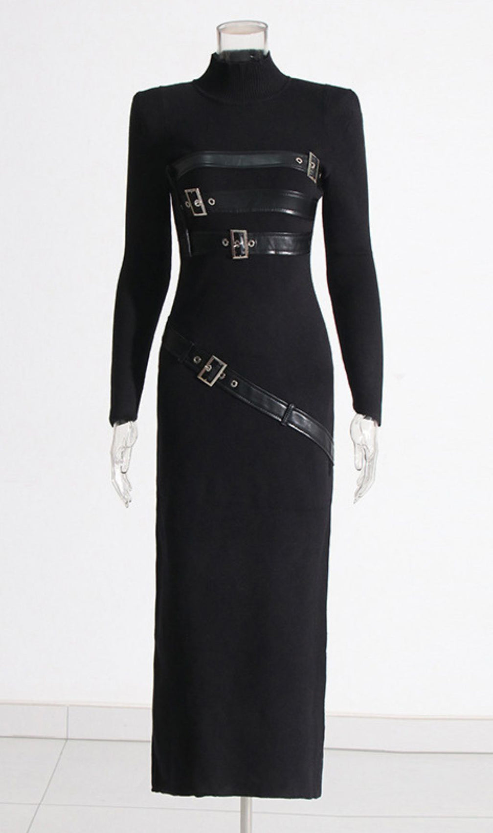 Isai Black Statement Buckle Maxi Dress - Long Sleeve Evening Gown