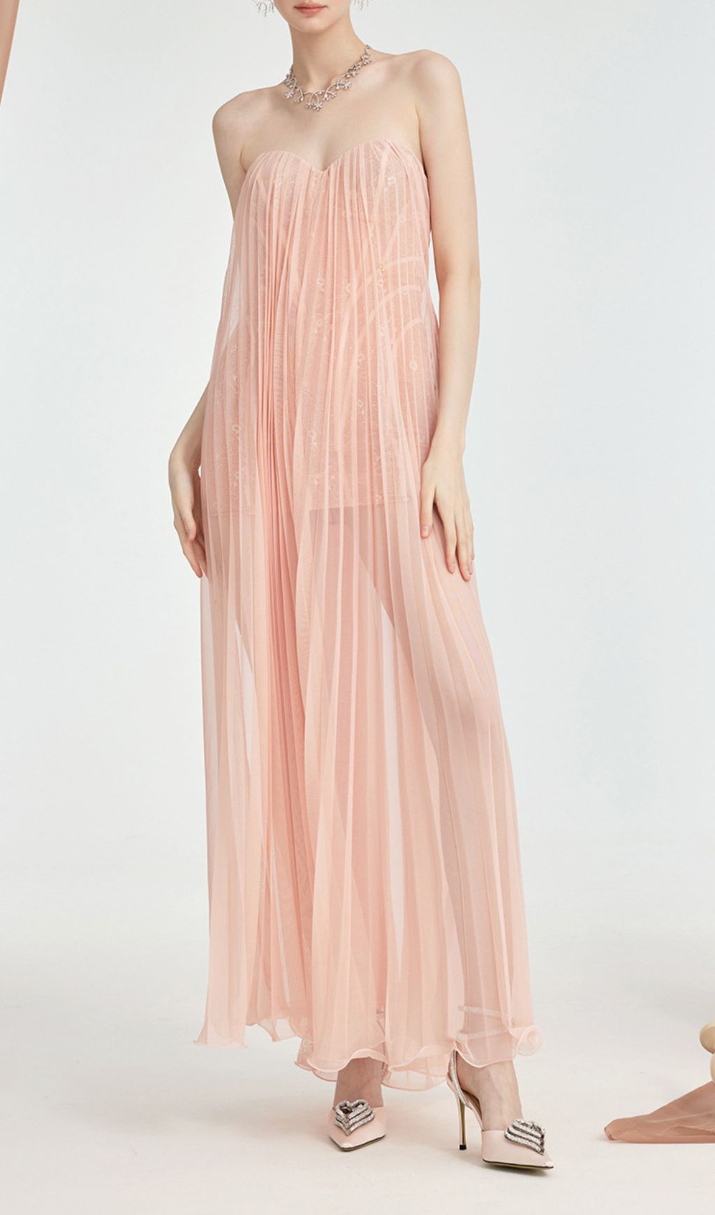 Fintan Pink Strapless Mesh Lace Maxi Dress