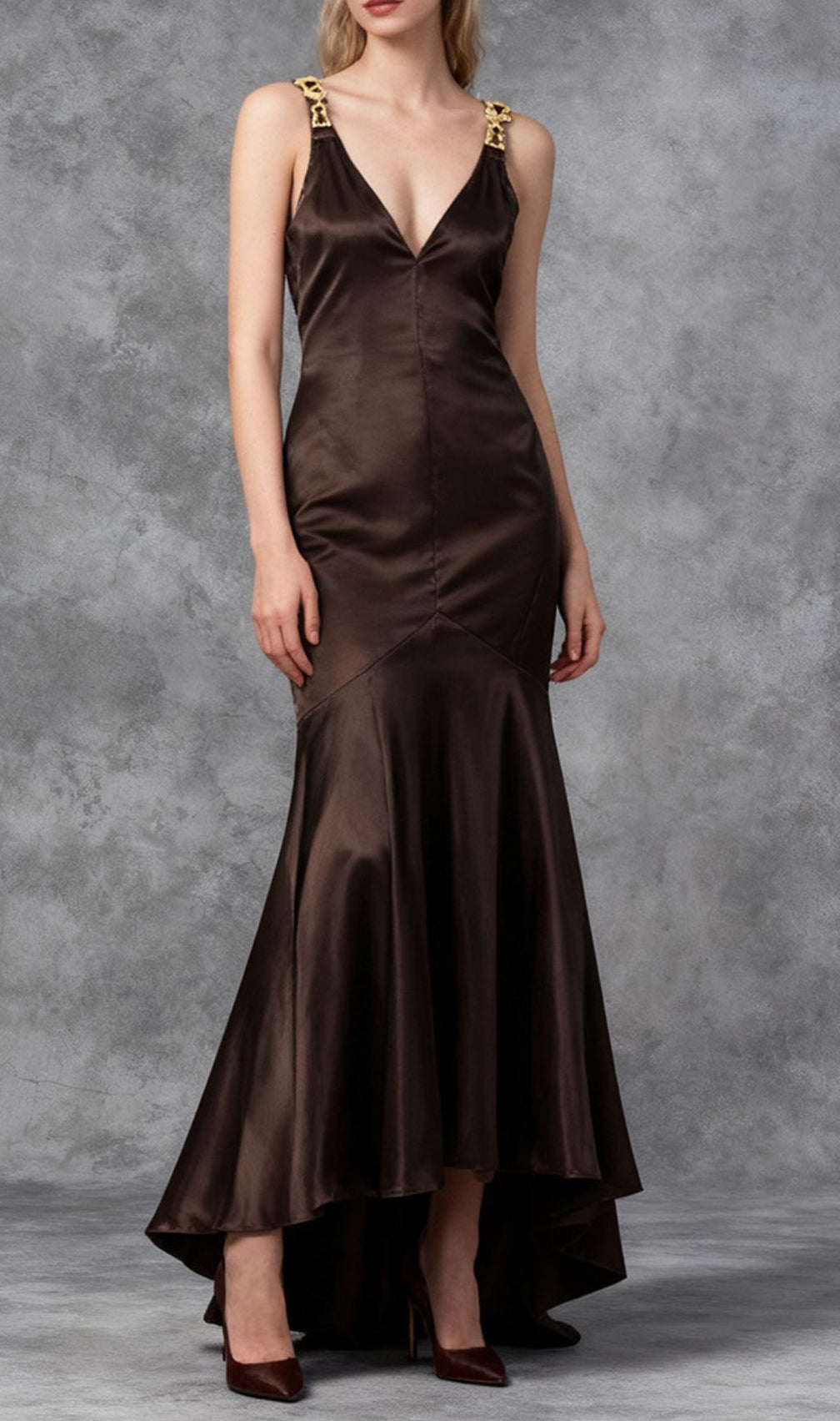 Jase Luxe Brown Satin V-Neck Maxi Gown with Embellished Straps