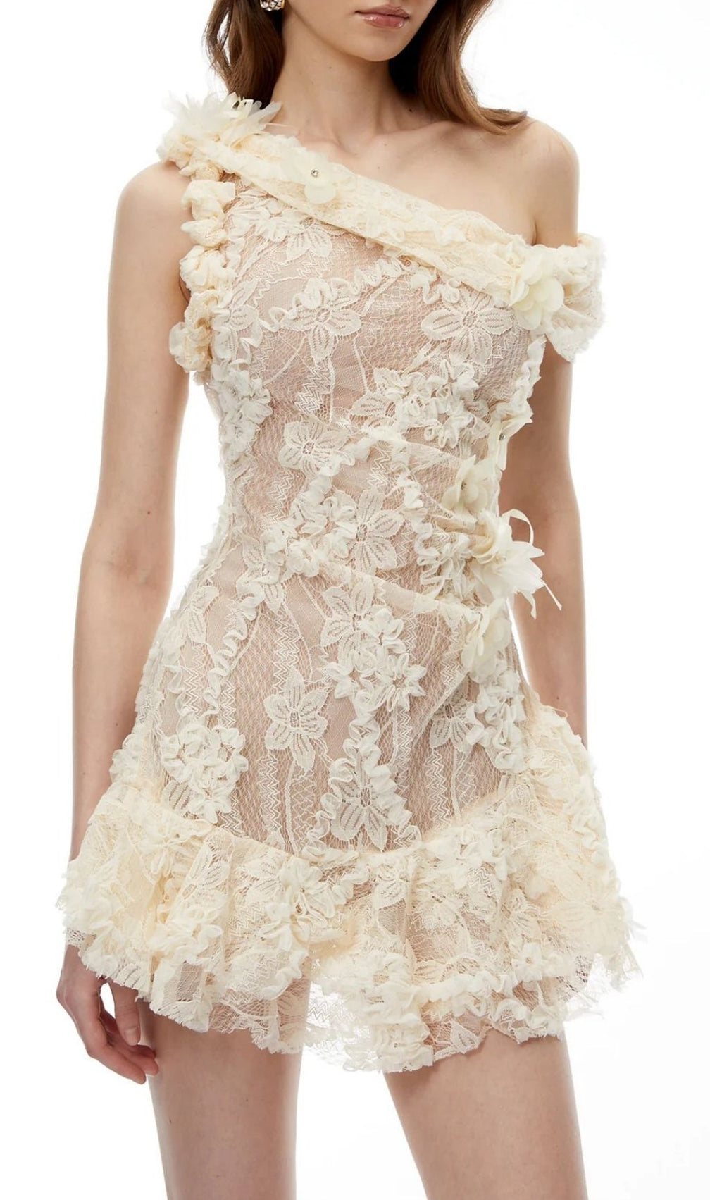 Niobe White Flared Lace Mini Dress with 3D Florals