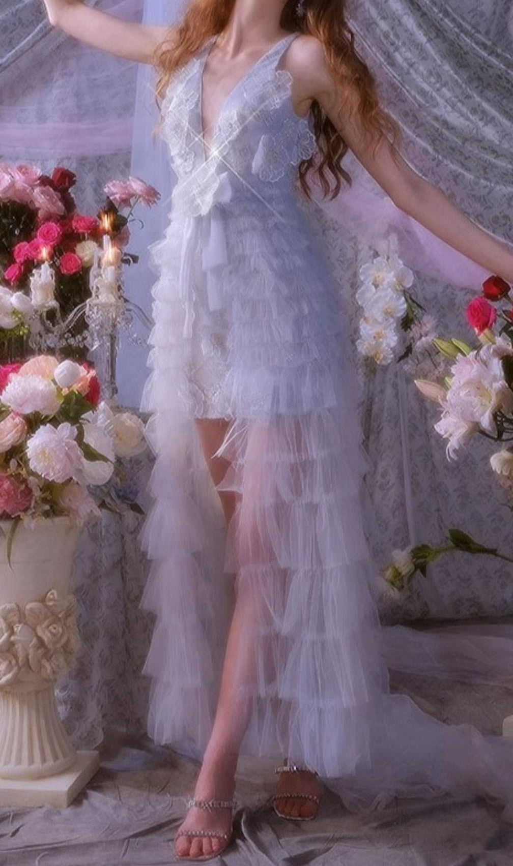 Fedella Flower Sequin Beaded Mesh Maxi Dress