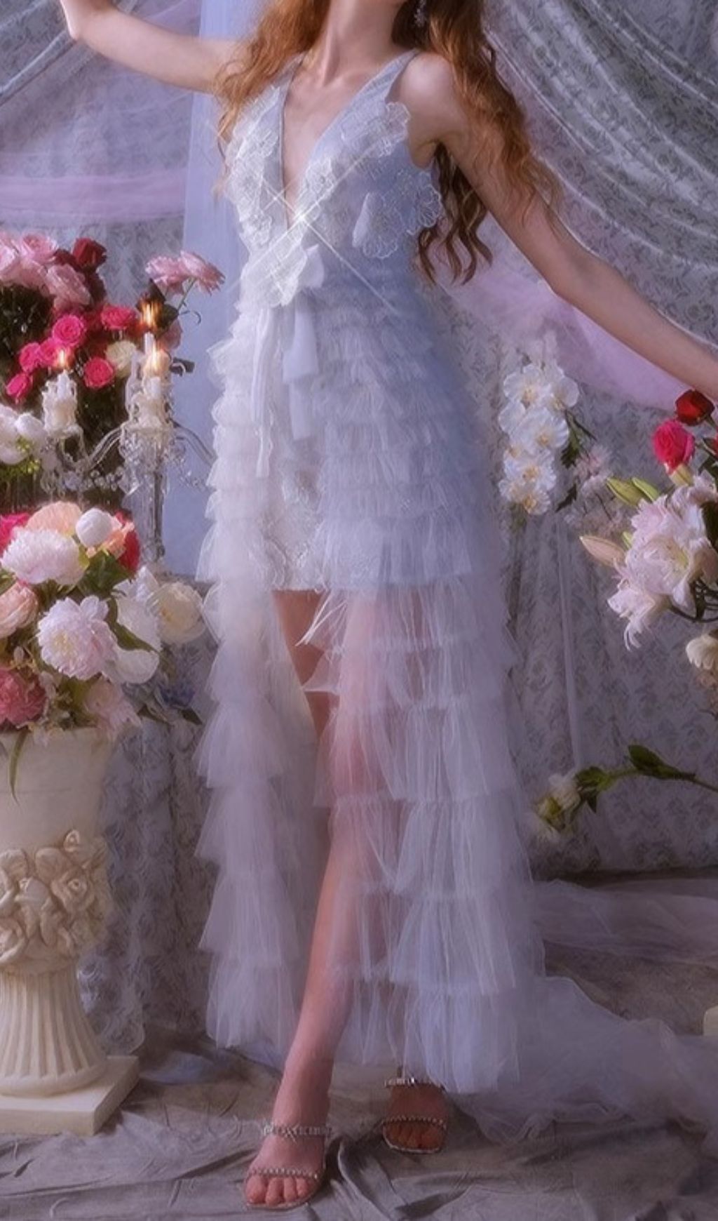 Fedella Flower Sequin Beaded Mesh Maxi Dress