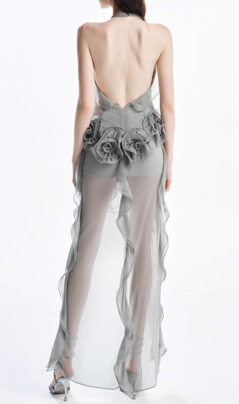 Hailey Grey Halter Flower Maxi Dress