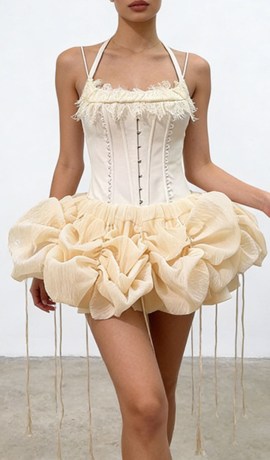 Kenya Apricot Dream Corset Mini Dress - Whimsical Ruffles & Sculpting Halter Neck