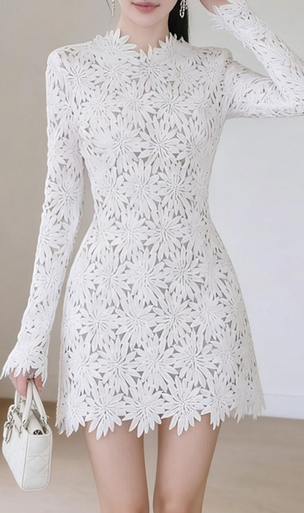 Kapila White Floral Lace Mini Dress - Elegant Long Sleeve Party & Cocktail Attire