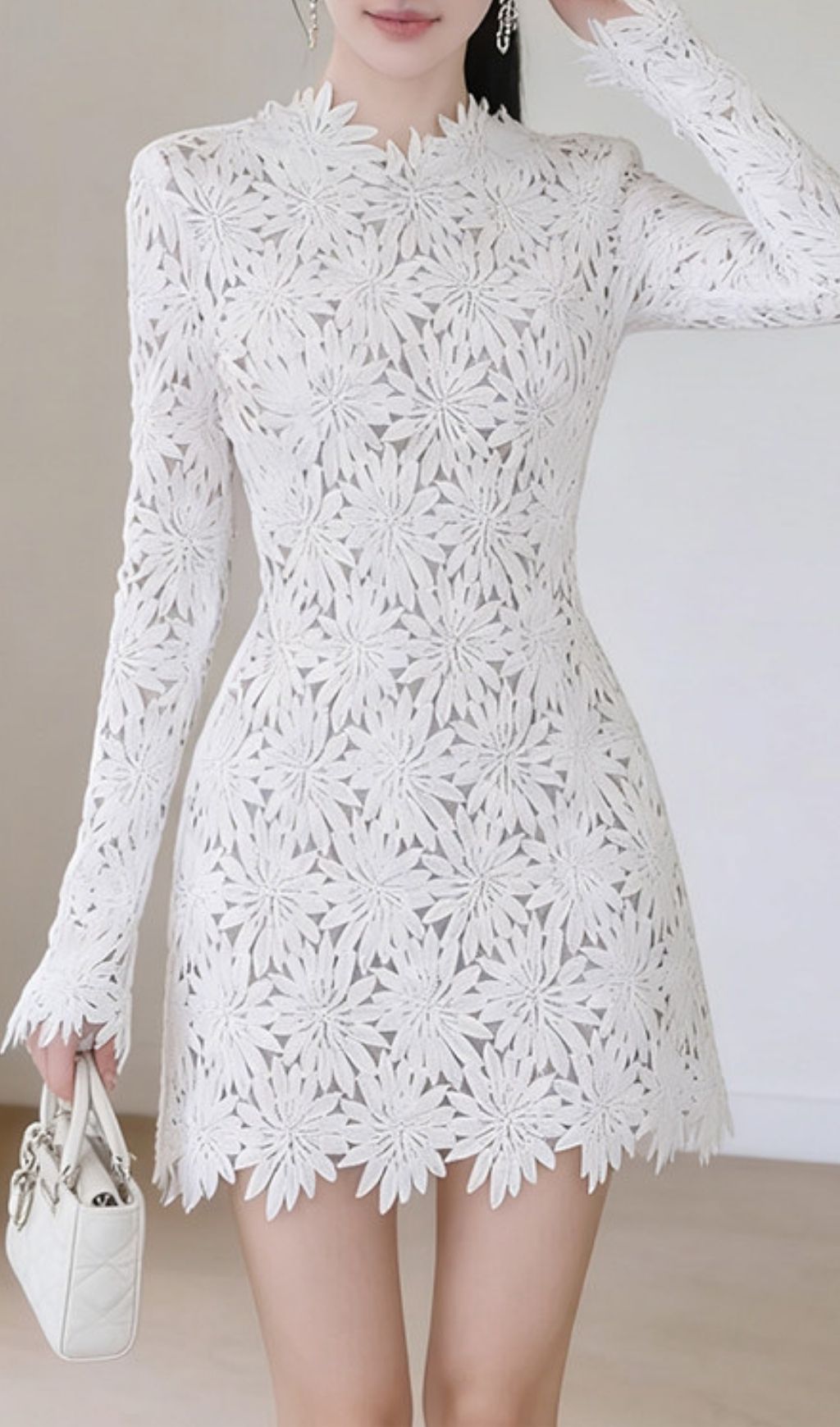 Kapila White Floral Lace Mini Dress - Elegant Long Sleeve Party & Cocktail Attire