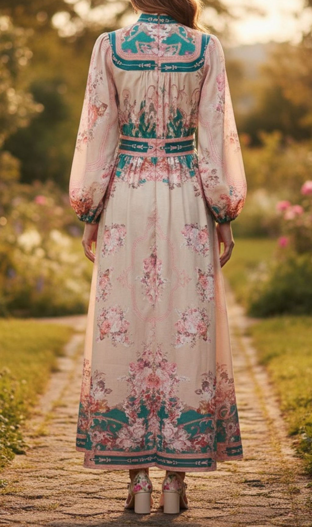 Kamillia Elegant Green Floral Long Sleeve Maxi Dress | Romantic Garden Party Gown for Women