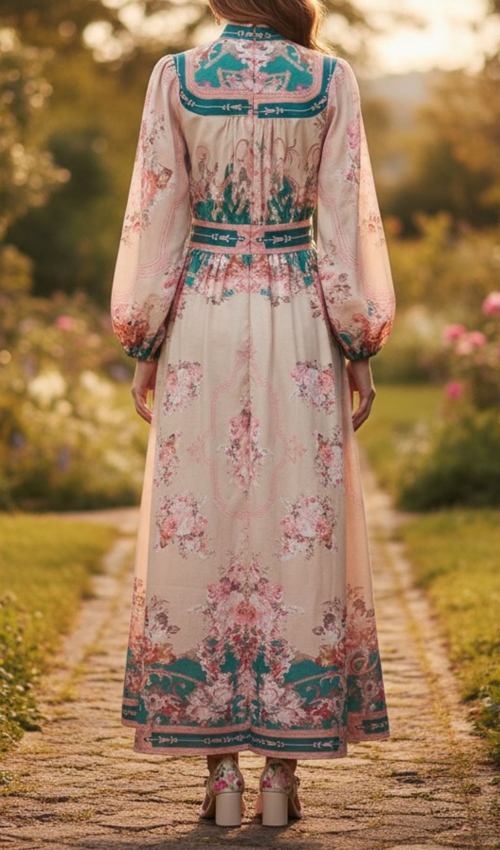 Kamillia Elegant Green Floral Long Sleeve Maxi Dress | Romantic Garden Party Gown for Women