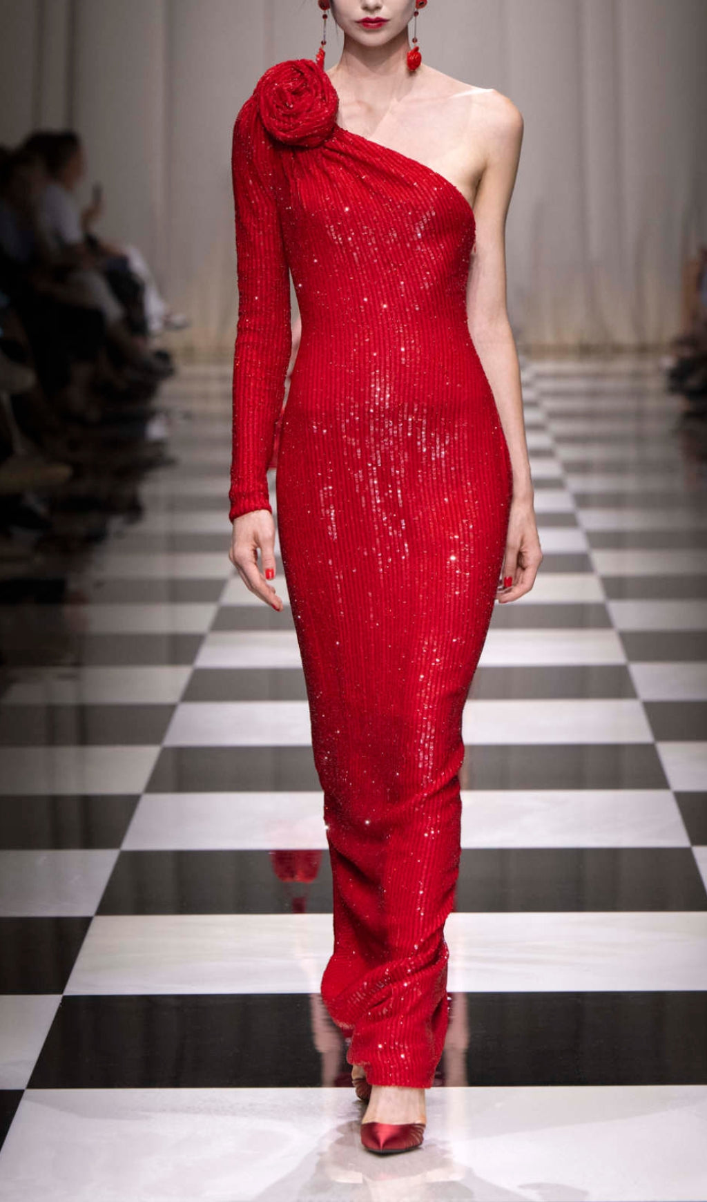 Red Three-Dimensional One-Shoulder Floral Sequined Stretch Dress