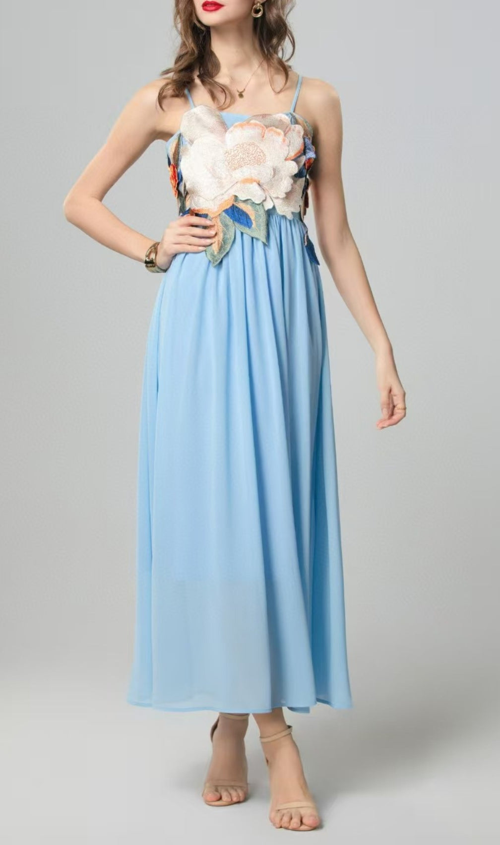 Emanuele Blue Flower Embroidery Maxi Dress