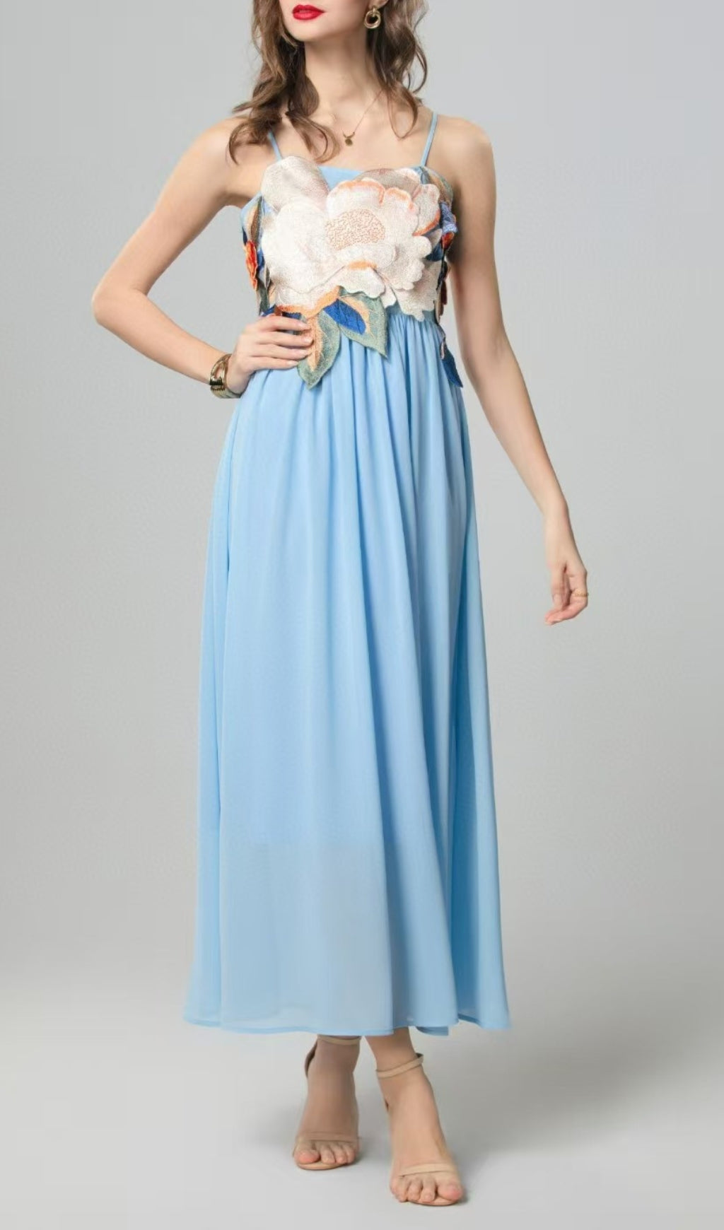Emanuele Blue Flower Embroidery Maxi Dress