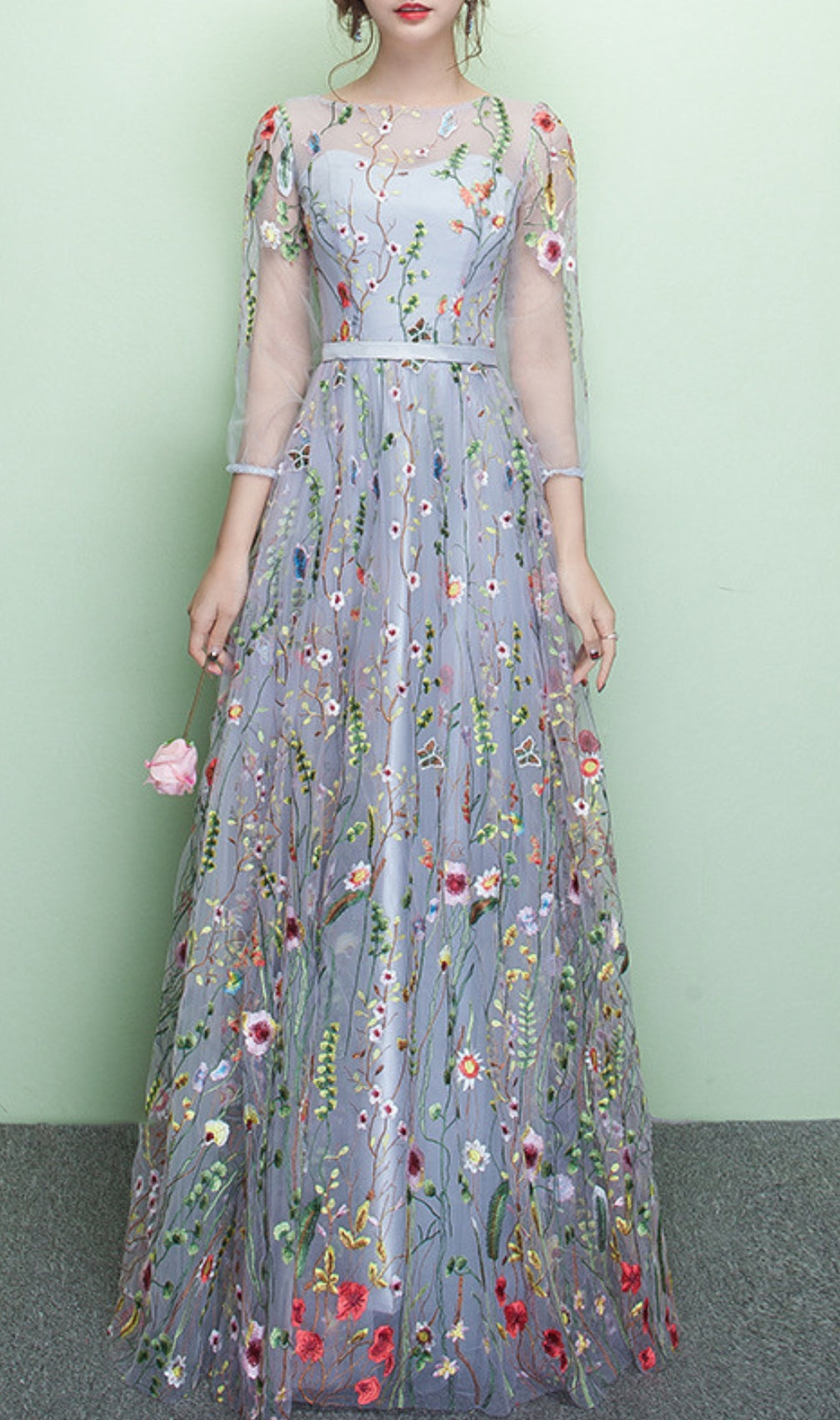 Dannell Gray Flower Mesh Sleeve Maxi Dress