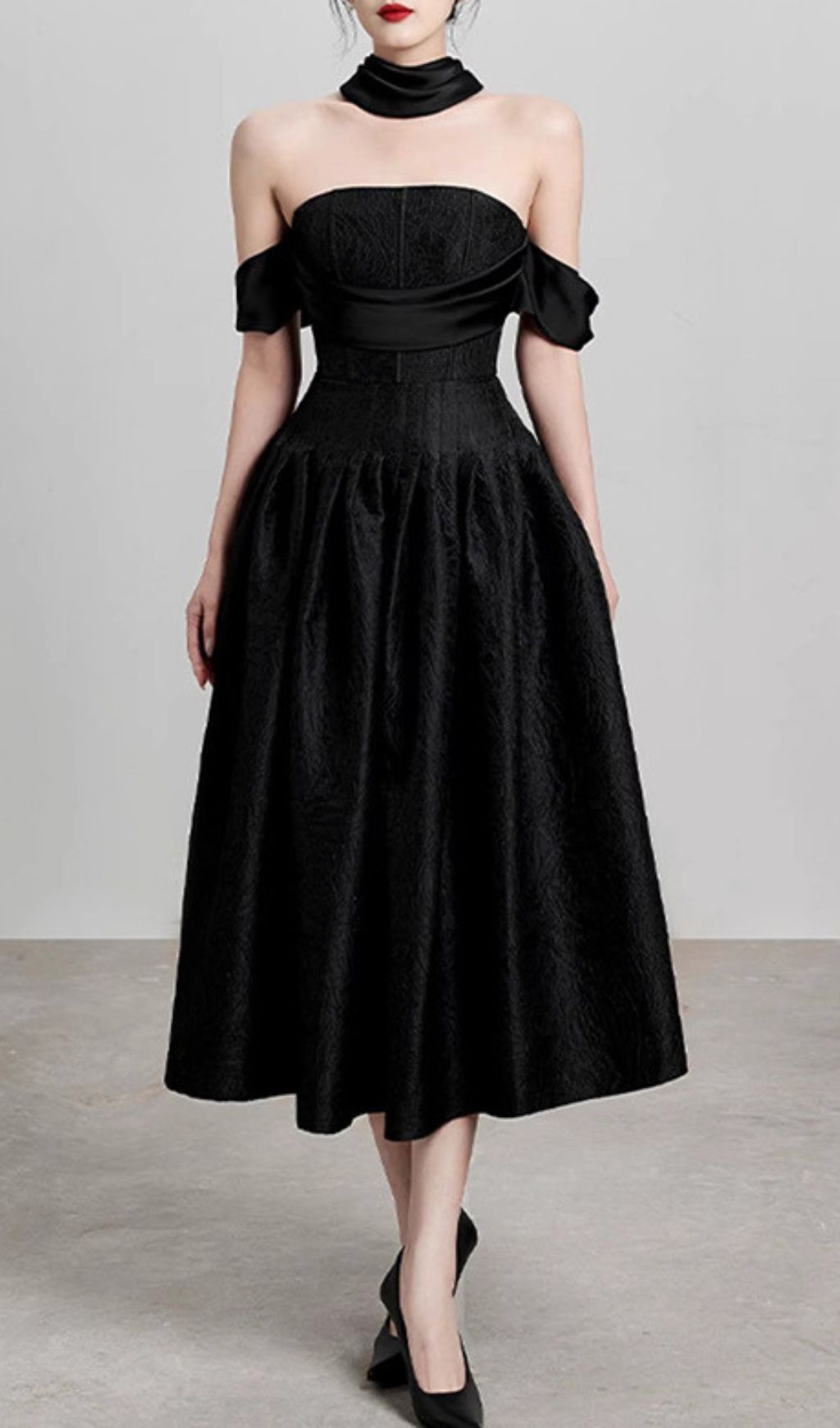 Jela Elegant Black Off-Shoulder Corset Midi Dress for Women