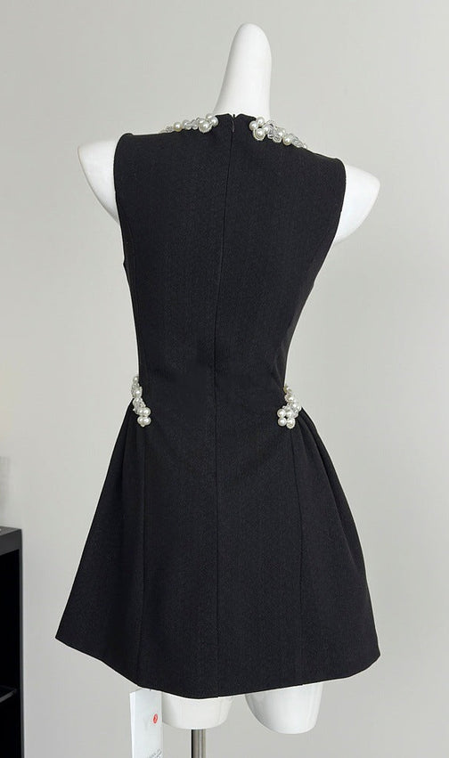 Chic Pearl & Crystal Embellished Black Mini Dress - Sleeveless Party & Cocktail