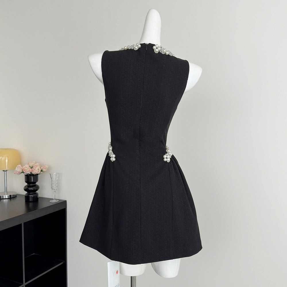Chic Pearl & Crystal Embellished Black Mini Dress - Sleeveless Party & Cocktail