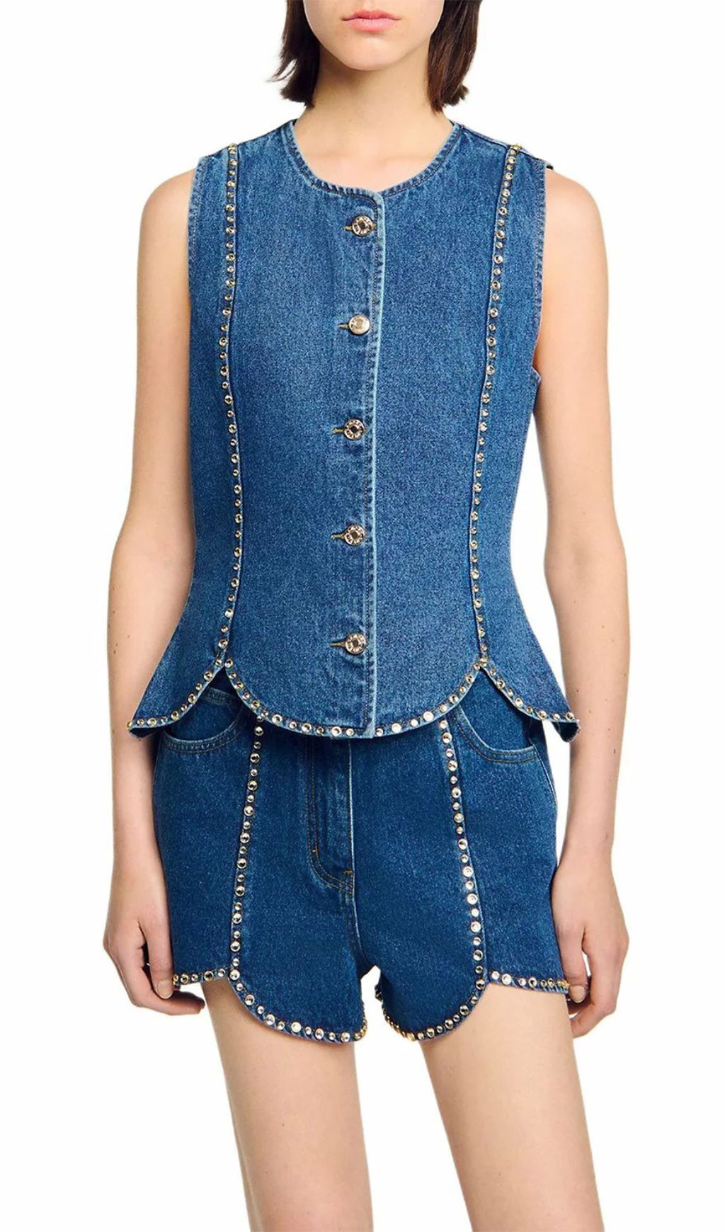 Dazzling Rhinestone Embellished Denim Peplum Top | Chic Sleeveless Glam
