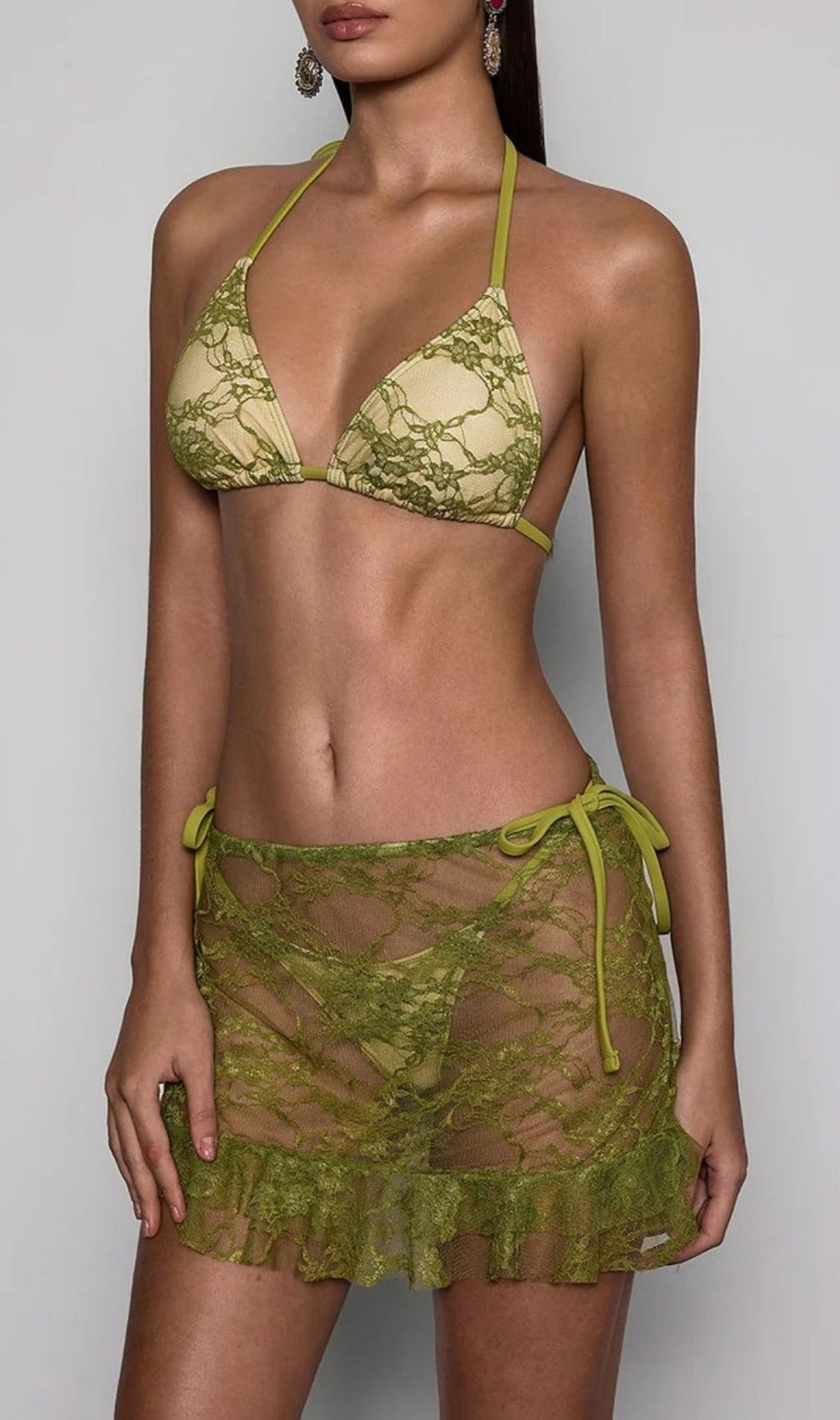 Voryxin Chic Olive Lace Ruffle 3-Piece Bikini & Skirt Cover-Up Set