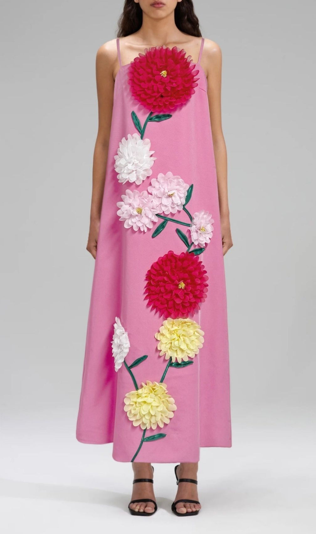 Erica Vibrant Pink 3D Floral Maxi Dress - Elegant Strappy Gown