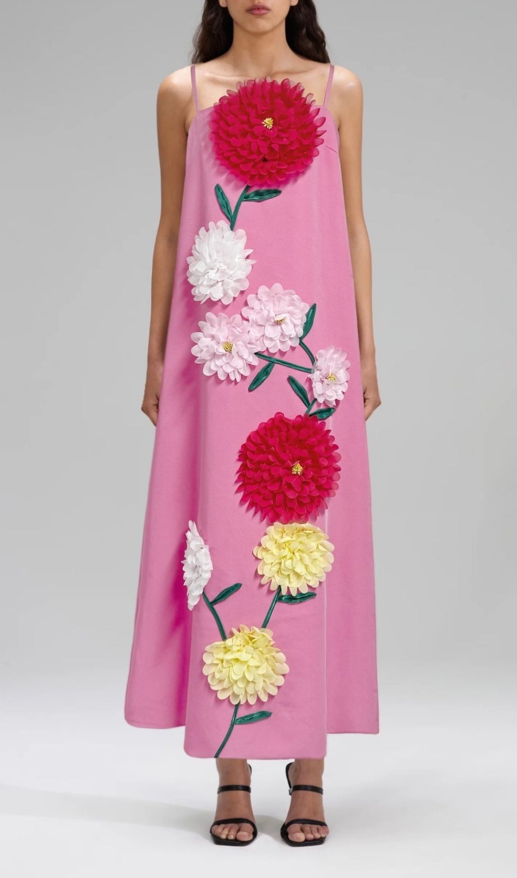 Erica Vibrant Pink 3D Floral Maxi Dress - Elegant Strappy Gown