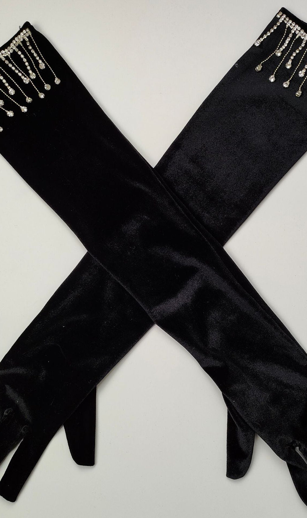 Dazzling Scarlet Velvet Opera Gloves with Rhinestone Fringe