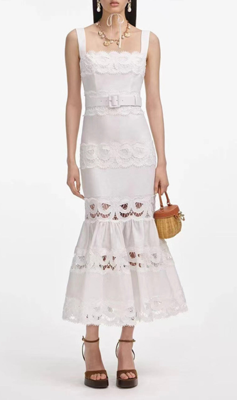 Everly White Embroidery Belt Midi Dress