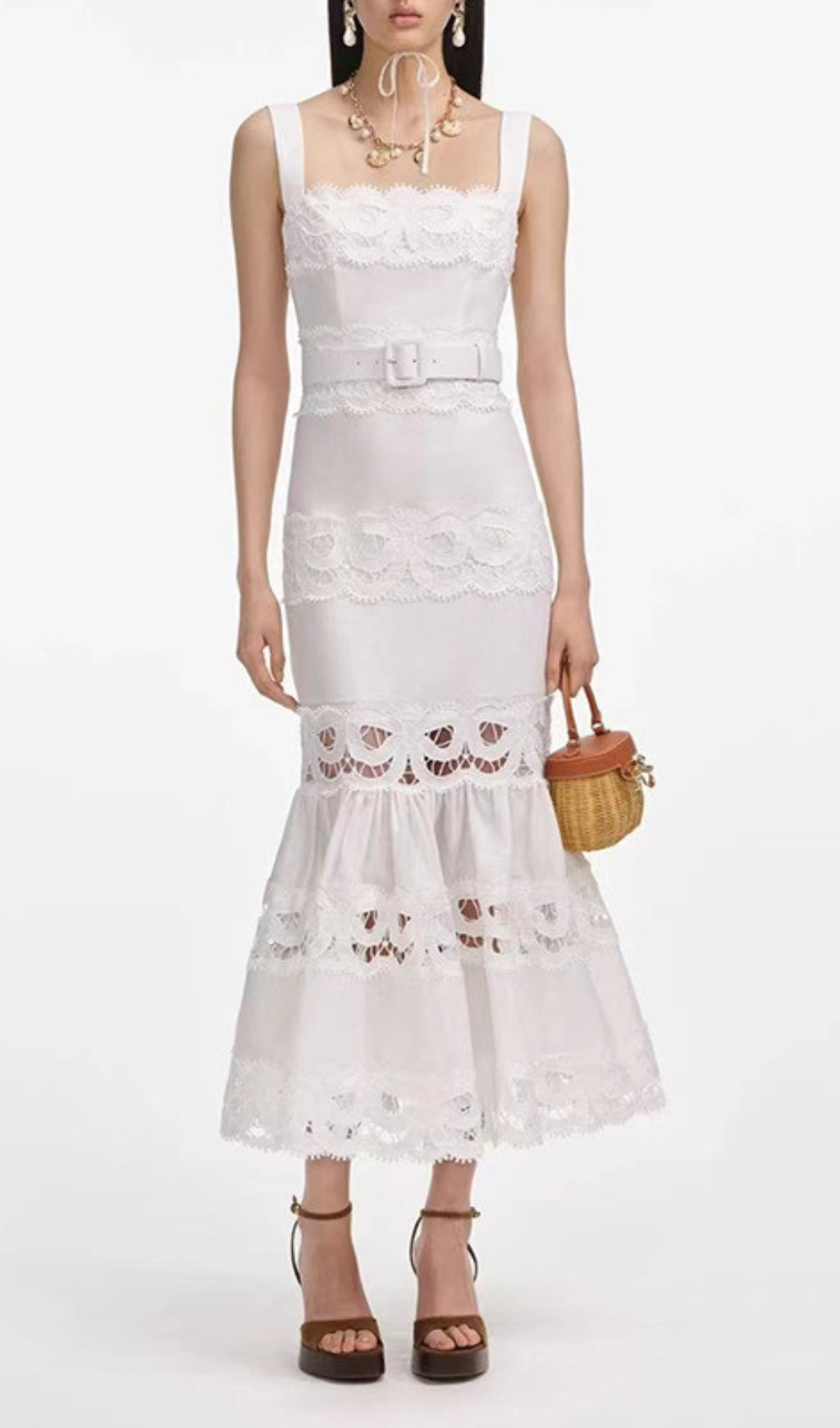 Everly White Embroidery Belt Midi Dress