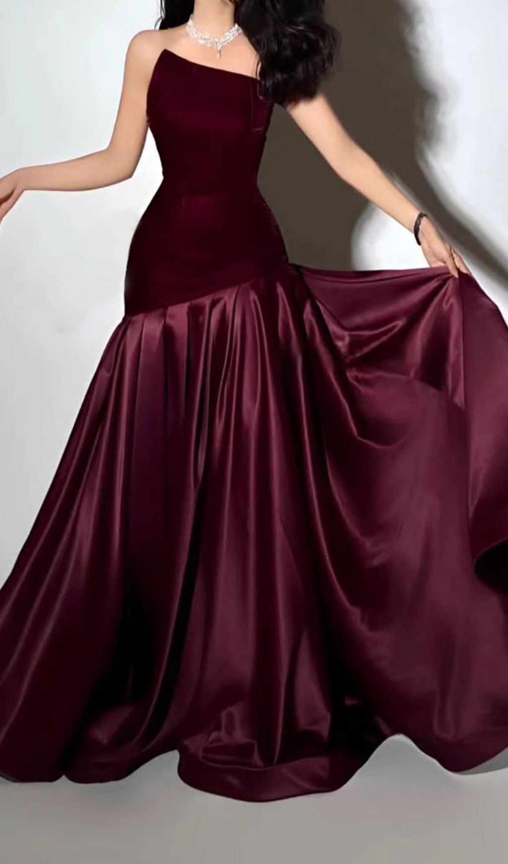 Tiffany Irregular Splicing Strapless Maxi Dress - Burgundy